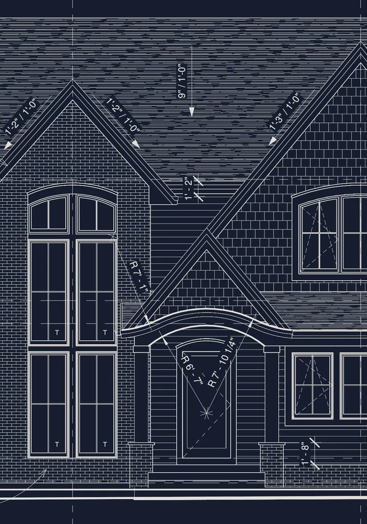The front elevation drawing around the window tower and arched entry, from sheet A102