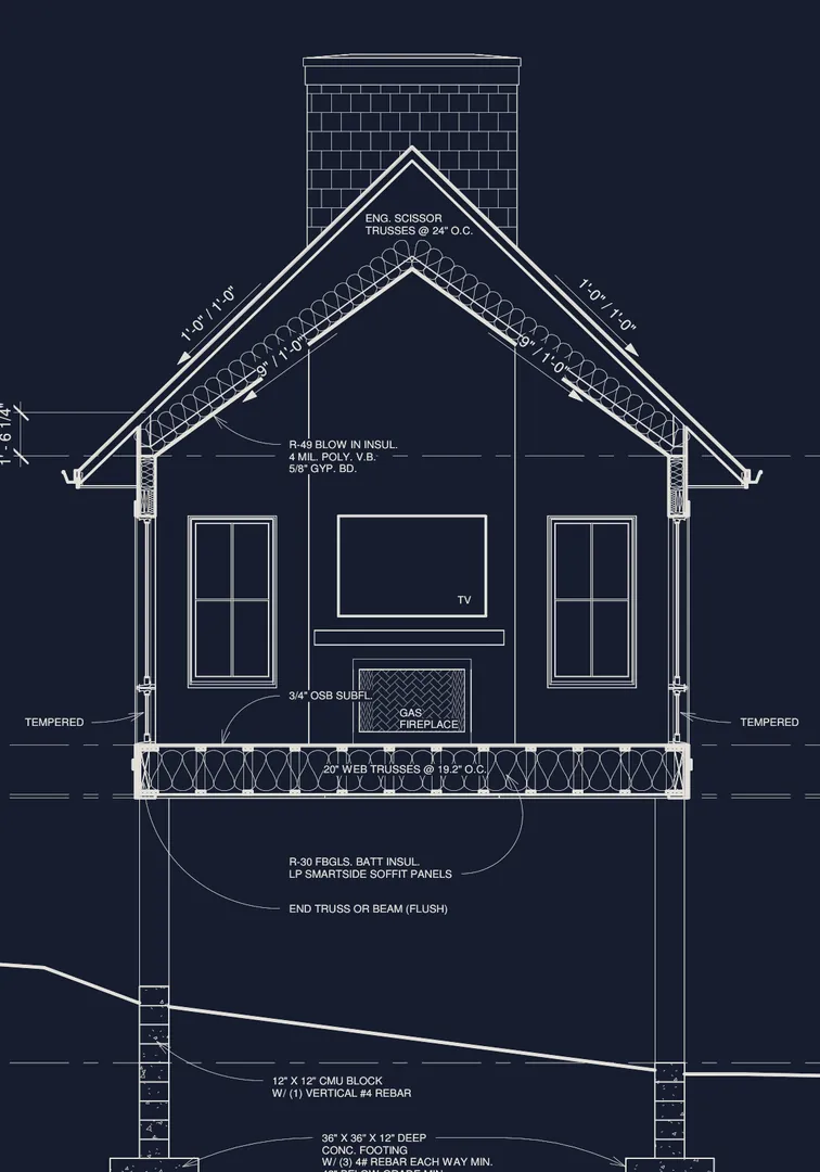 Section through the sun room and its chimney, from sheet A109